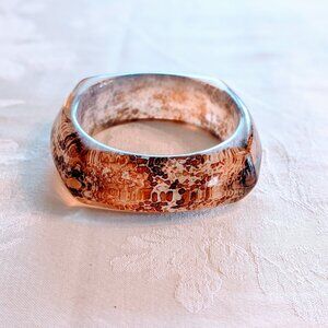 VTG 1970s Chunky Lucite Bangle Bracelet Copper Gold Confetti Clear Square Round